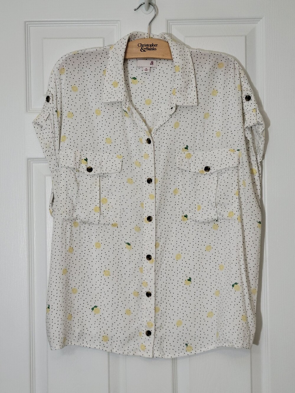 So Polka Dot And Lemon Print White Camp Shirt Size XL